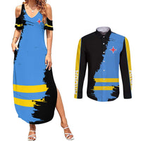 Aruba's Mascot Couples Matching Summer Maxi Dress and Long Sleeve Button Shirt Blended with National Flag Details – Symbolic Design