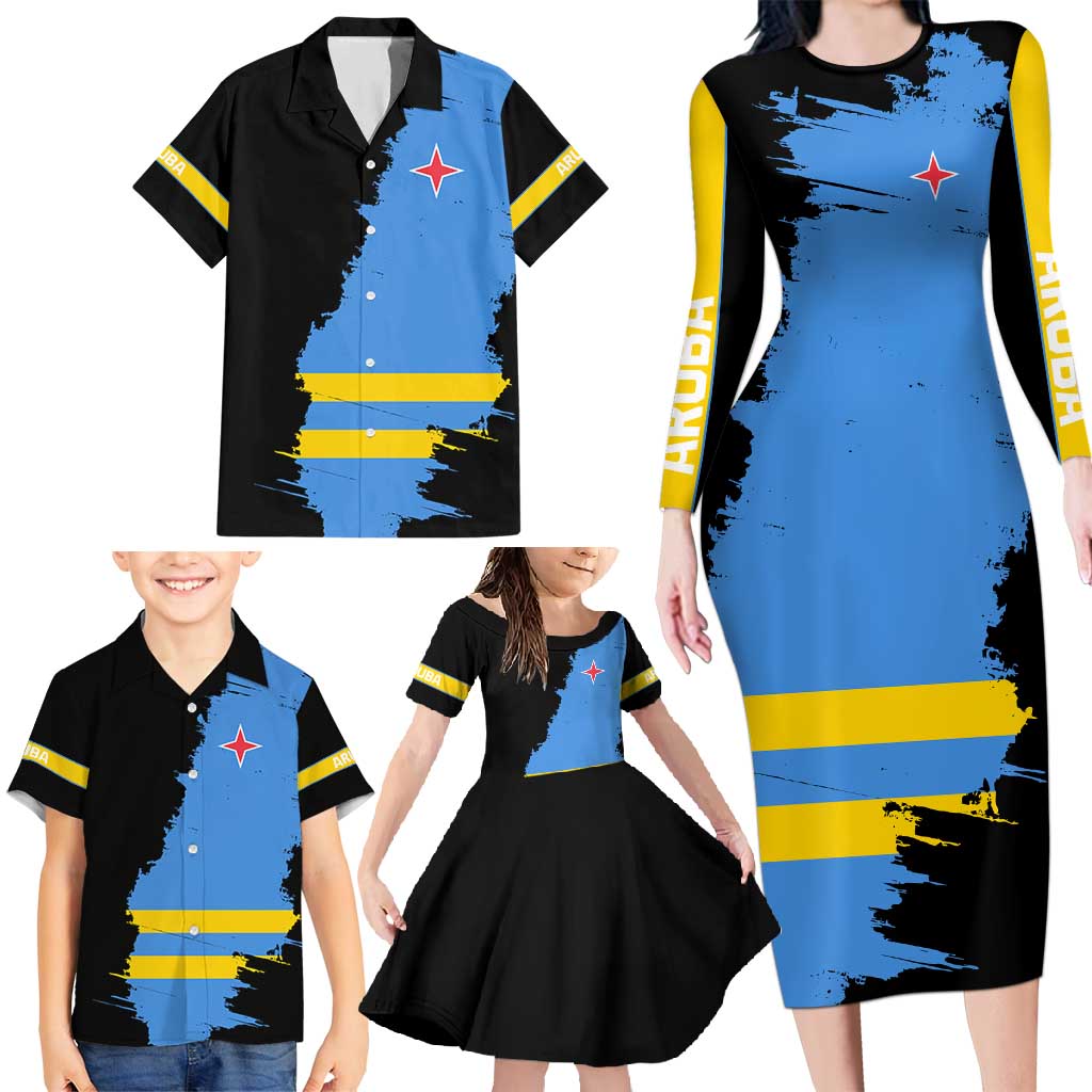 Aruba's Mascot Family Matching Long Sleeve Bodycon Dress and Hawaiian Shirt Blended with National Flag Details – Symbolic Design