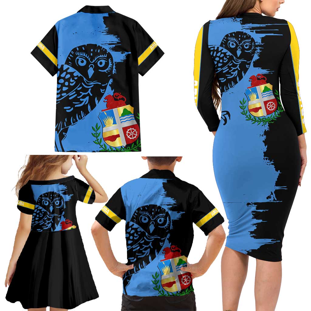 Aruba's Mascot Family Matching Long Sleeve Bodycon Dress and Hawaiian Shirt Blended with National Flag Details – Symbolic Design