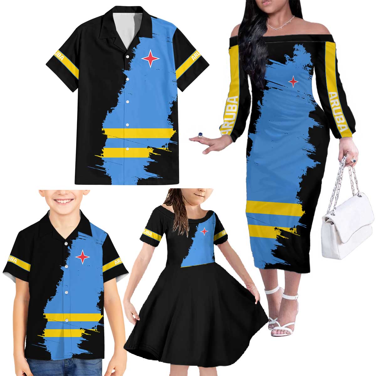 Aruba's Mascot Family Matching Off The Shoulder Long Sleeve Dress and Hawaiian Shirt Blended with National Flag Details – Symbolic Design
