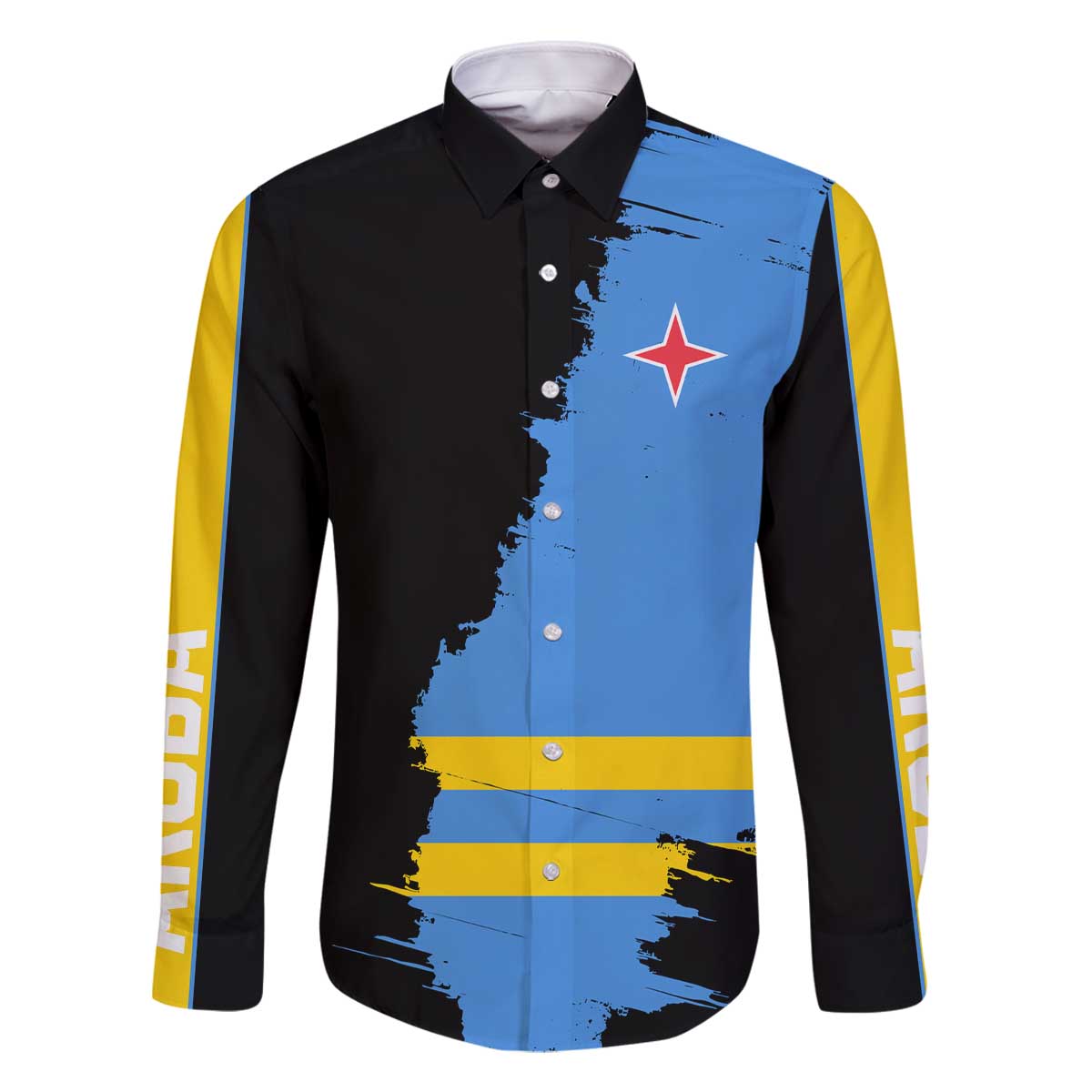 Aruba's Mascot Family Matching Off The Shoulder Long Sleeve Dress and Hawaiian Shirt Blended with National Flag Details – Symbolic Design