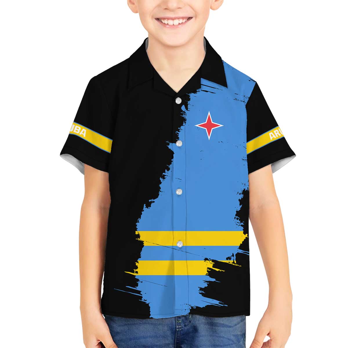Aruba's Mascot Family Matching Off The Shoulder Long Sleeve Dress and Hawaiian Shirt Blended with National Flag Details – Symbolic Design