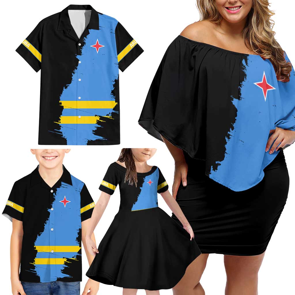 Aruba's Mascot Family Matching Off Shoulder Short Dress and Hawaiian Shirt Blended with National Flag Details – Symbolic Design