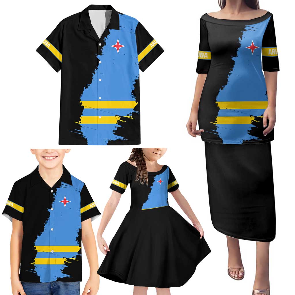 Aruba's Mascot Family Matching Puletasi and Hawaiian Shirt Blended with National Flag Details – Symbolic Design