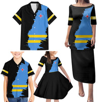Aruba's Mascot Family Matching Puletasi and Hawaiian Shirt Blended with National Flag Details – Symbolic Design