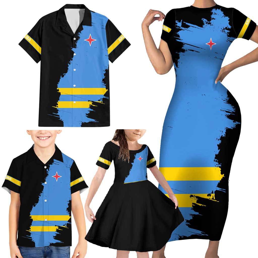 Aruba's Mascot Family Matching Short Sleeve Bodycon Dress and Hawaiian Shirt Blended with National Flag Details – Symbolic Design