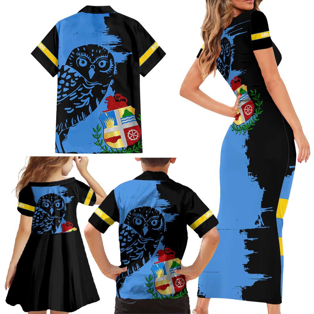 Aruba's Mascot Family Matching Short Sleeve Bodycon Dress and Hawaiian Shirt Blended with National Flag Details – Symbolic Design
