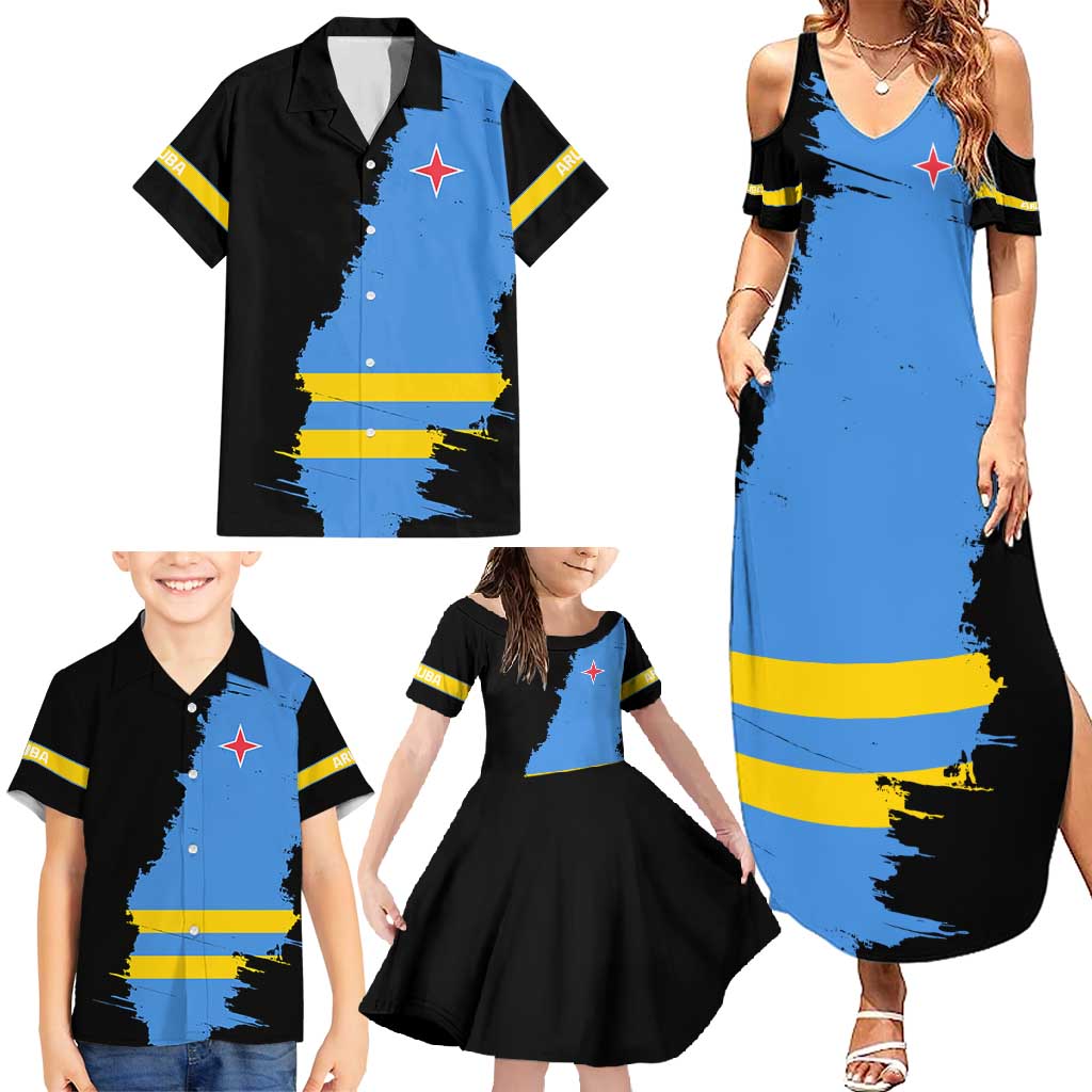 Aruba's Mascot Family Matching Summer Maxi Dress and Hawaiian Shirt Blended with National Flag Details – Symbolic Design
