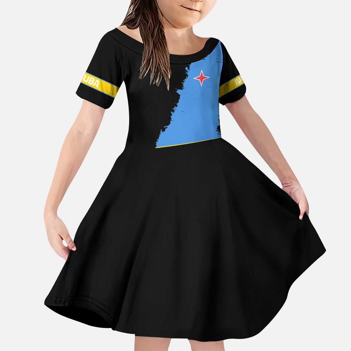 Aruba's Mascot Kid Short Sleeve Dress Blended with National Flag Details – Symbolic Design