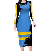 Aruba's Mascot Long Sleeve Bodycon Dress Blended with National Flag Details – Symbolic Design
