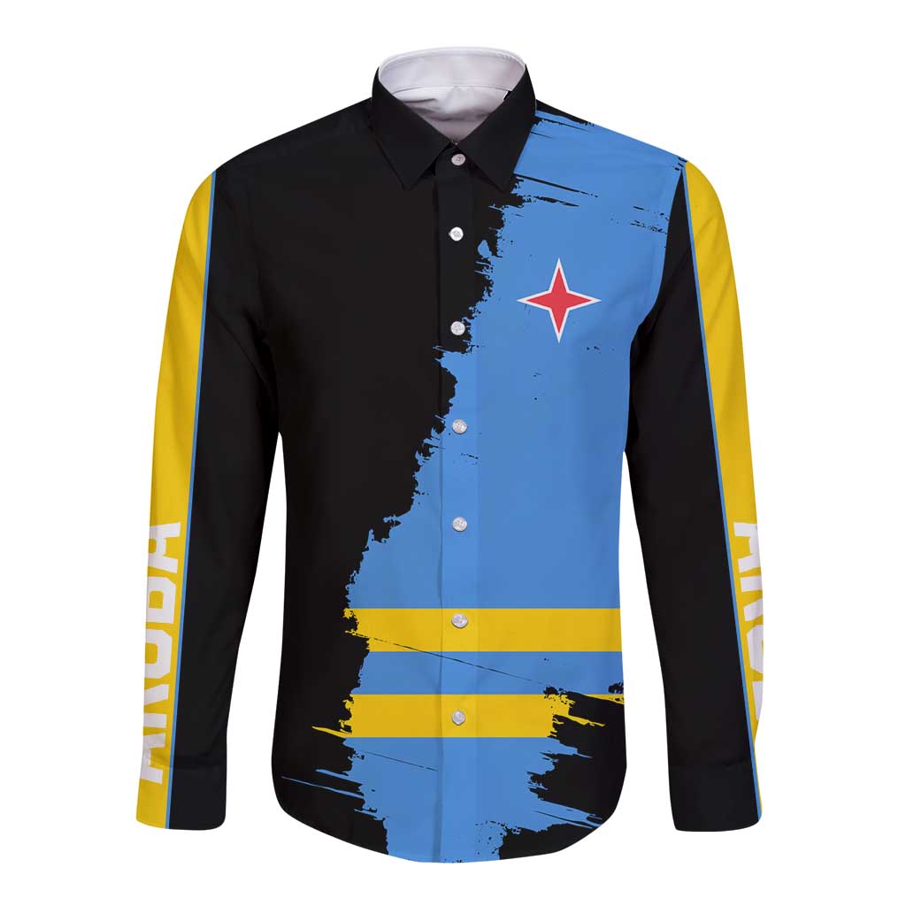 Aruba's Mascot Long Sleeve Button Shirt Blended with National Flag Details – Symbolic Design