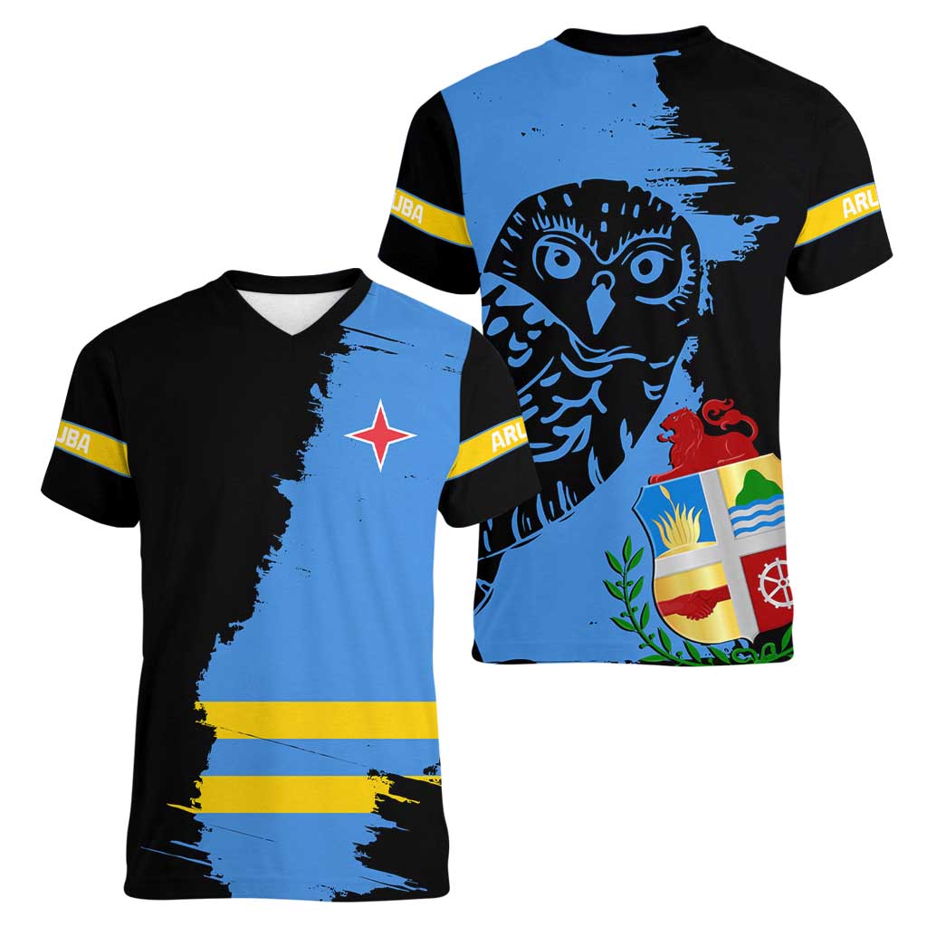Aruba's Mascot Women V-Neck T-Shirt Blended with National Flag Details – Symbolic Design