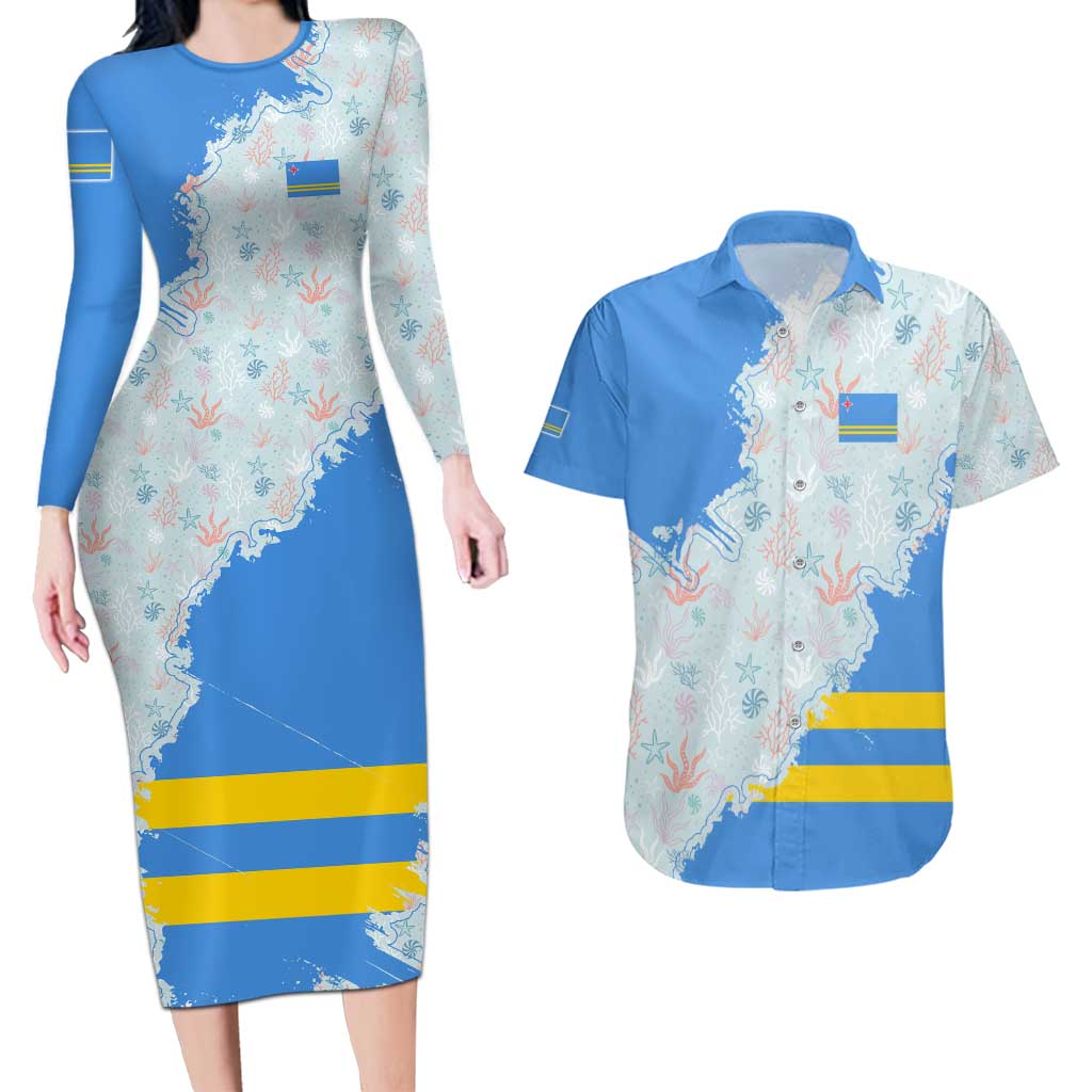 Aruba Couples Matching Long Sleeve Bodycon Dress and Hawaiian Shirt with Marine Patterns – Ocean-Inspired Design