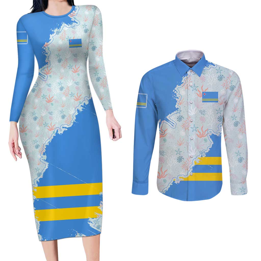 Aruba Couples Matching Long Sleeve Bodycon Dress and Long Sleeve Button Shirt with Marine Patterns – Ocean-Inspired Design