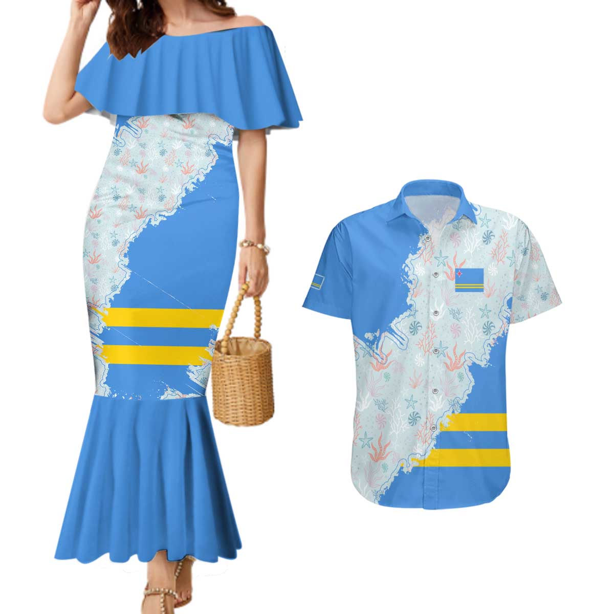 Aruba Couples Matching Mermaid Dress and Hawaiian Shirt with Marine Patterns – Ocean-Inspired Design