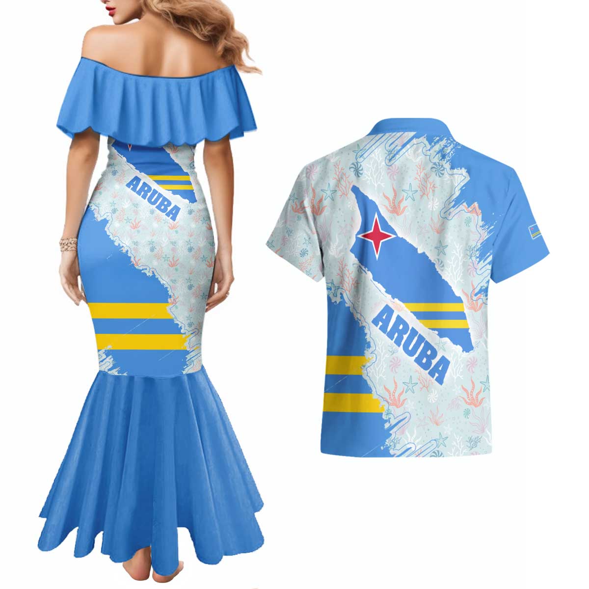 Aruba Couples Matching Mermaid Dress and Hawaiian Shirt with Marine Patterns – Ocean-Inspired Design