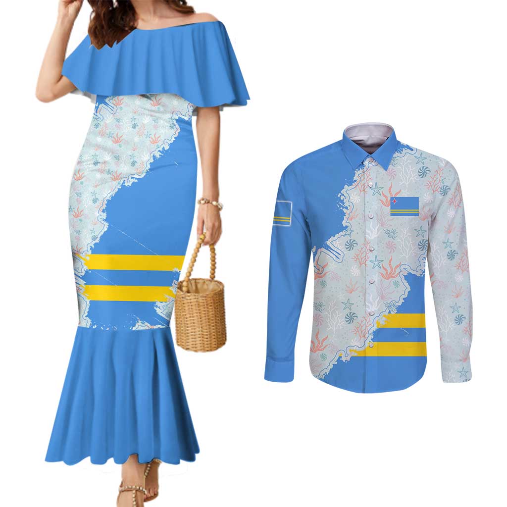 Aruba Couples Matching Mermaid Dress and Long Sleeve Button Shirt with Marine Patterns – Ocean-Inspired Design