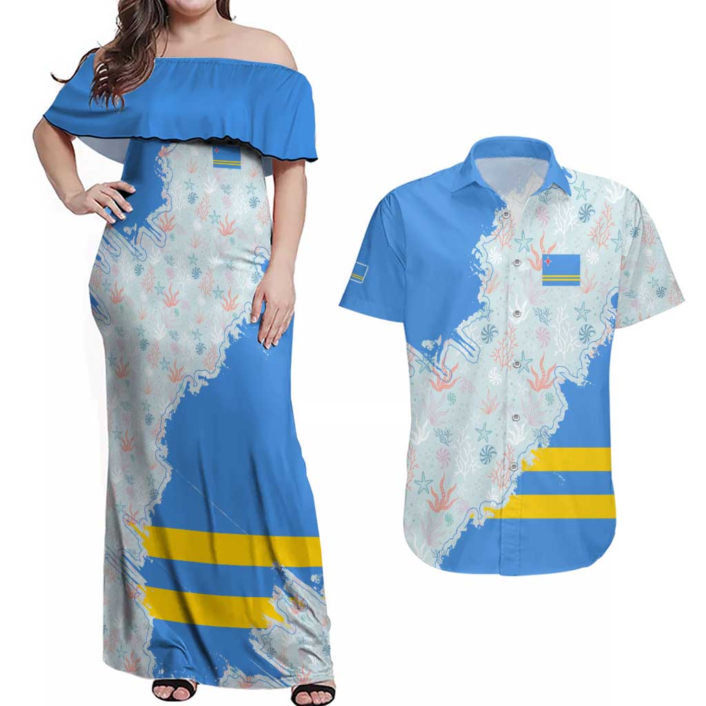 Aruba Couples Matching Off Shoulder Maxi Dress and Hawaiian Shirt with Marine Patterns – Ocean-Inspired Design