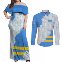 Aruba Couples Matching Off Shoulder Maxi Dress and Long Sleeve Button Shirt with Marine Patterns – Ocean-Inspired Design