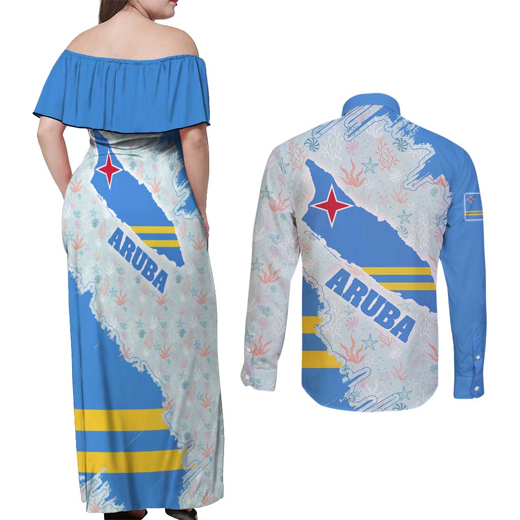 Aruba Couples Matching Off Shoulder Maxi Dress and Long Sleeve Button Shirt with Marine Patterns – Ocean-Inspired Design