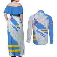 Aruba Couples Matching Off Shoulder Maxi Dress and Long Sleeve Button Shirt with Marine Patterns – Ocean-Inspired Design