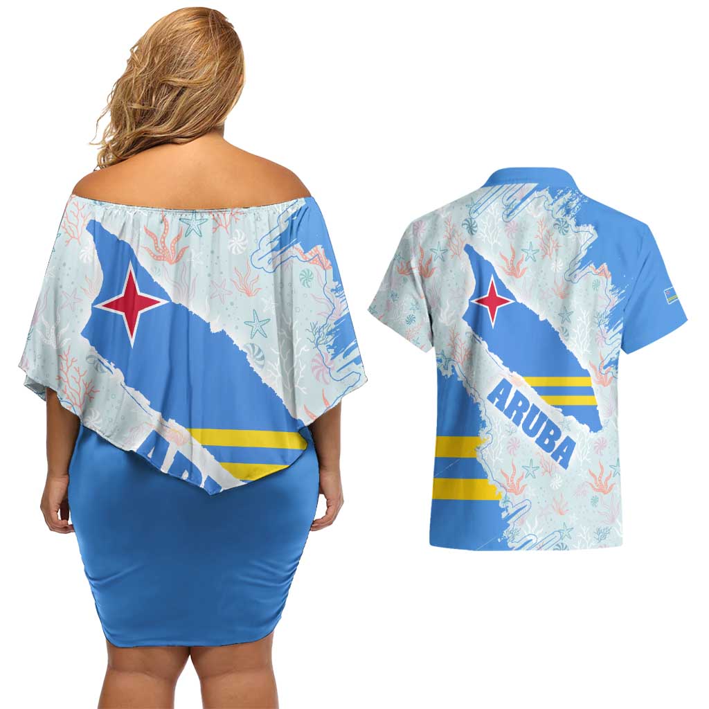 Aruba Couples Matching Off Shoulder Short Dress and Hawaiian Shirt with Marine Patterns – Ocean-Inspired Design