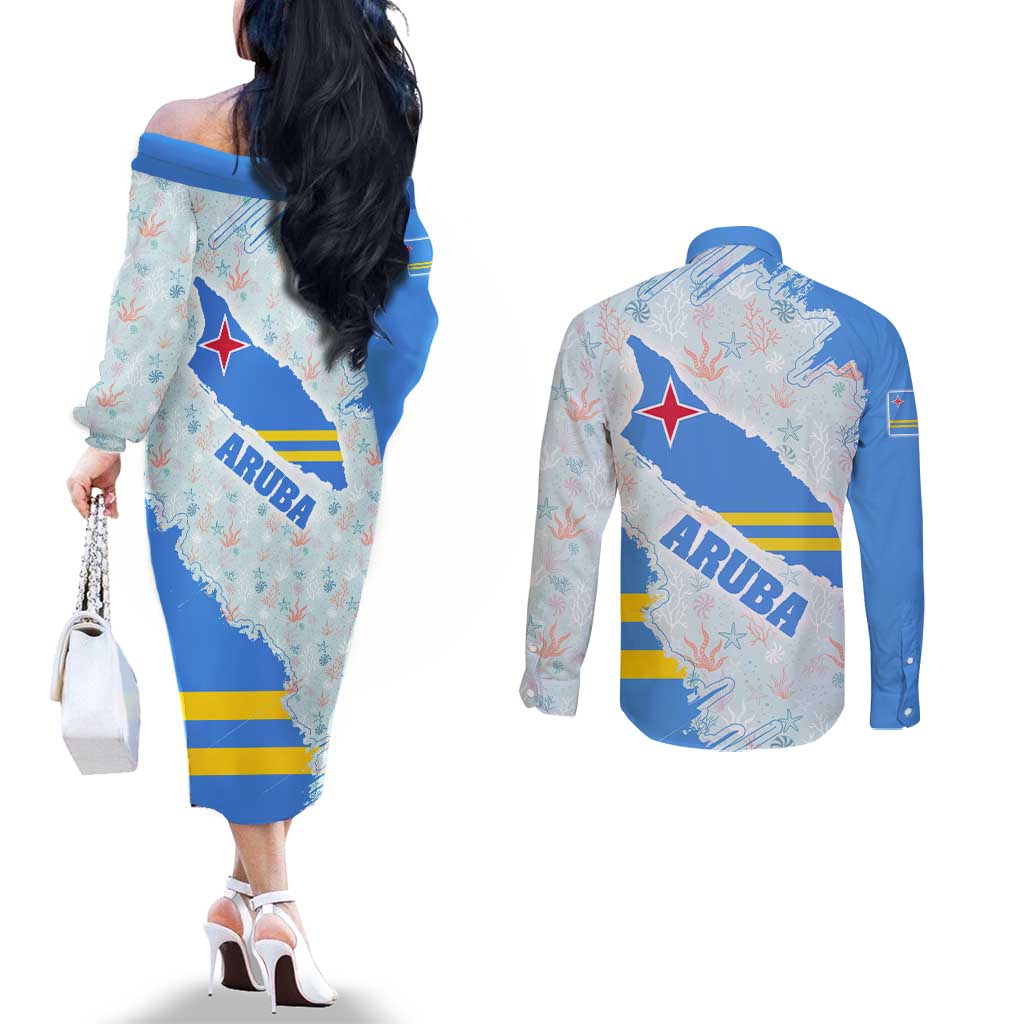 Aruba Couples Matching Off The Shoulder Long Sleeve Dress and Long Sleeve Button Shirt with Marine Patterns – Ocean-Inspired Design