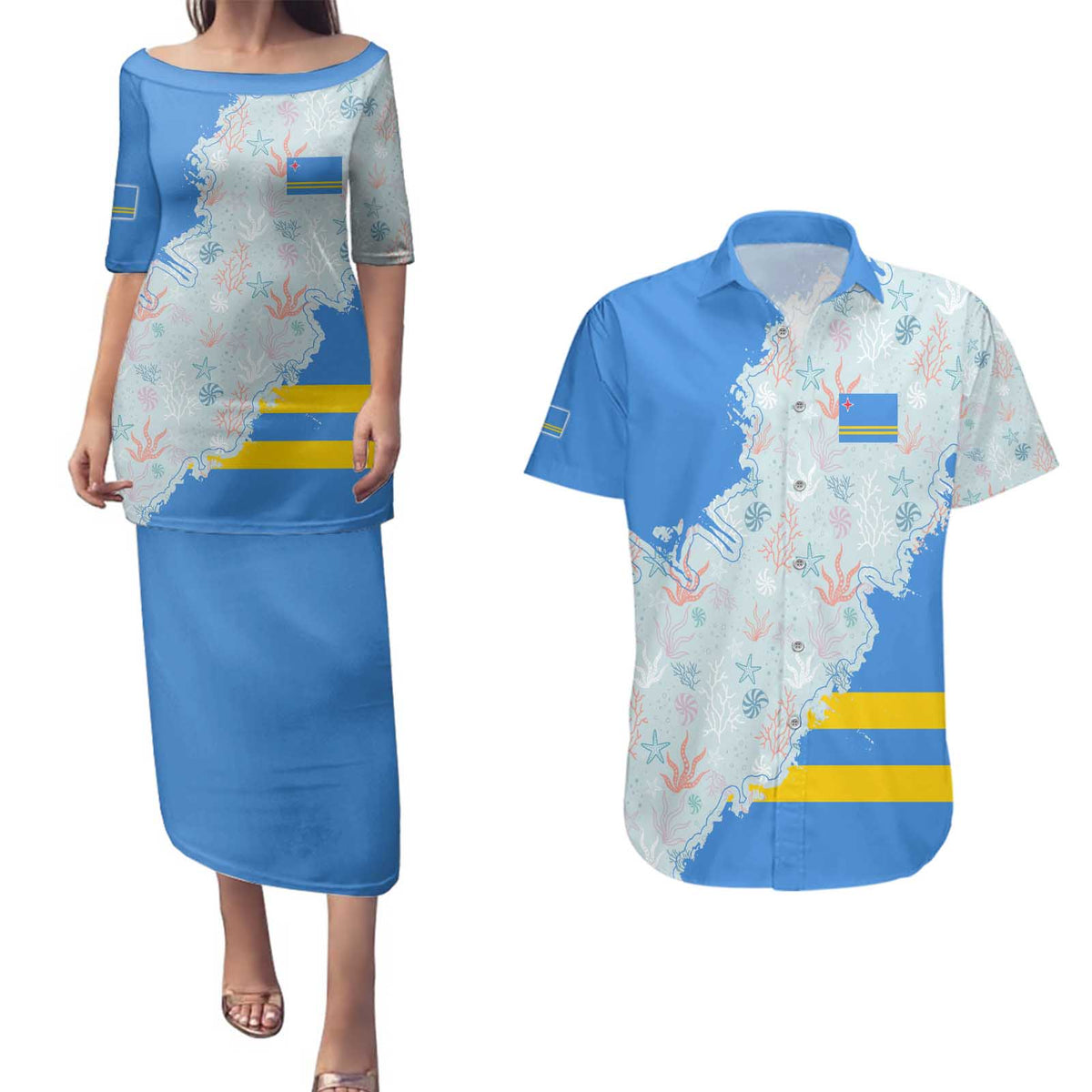 Aruba Couples Matching Puletasi and Hawaiian Shirt with Marine Patterns – Ocean-Inspired Design