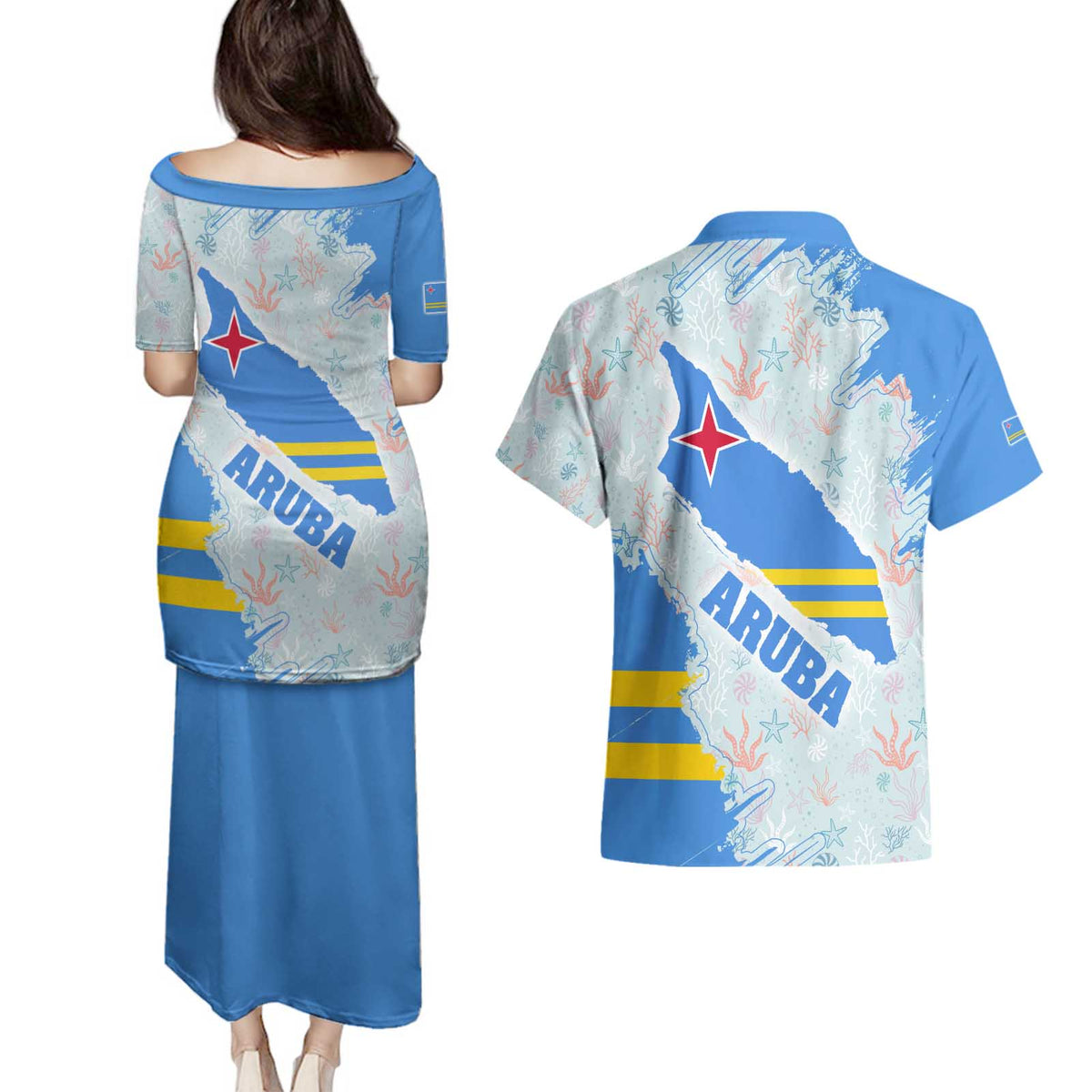 Aruba Couples Matching Puletasi and Hawaiian Shirt with Marine Patterns – Ocean-Inspired Design