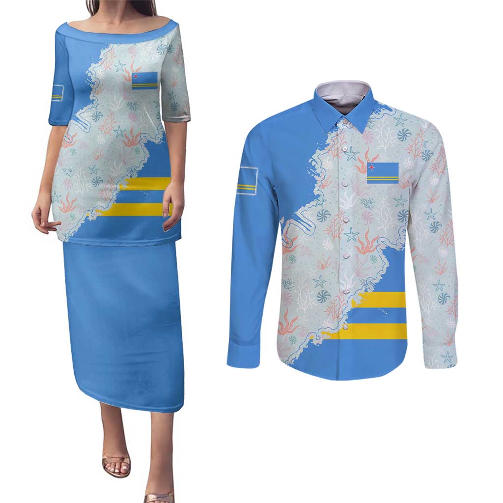 Aruba Couples Matching Puletasi and Long Sleeve Button Shirt with Marine Patterns – Ocean-Inspired Design