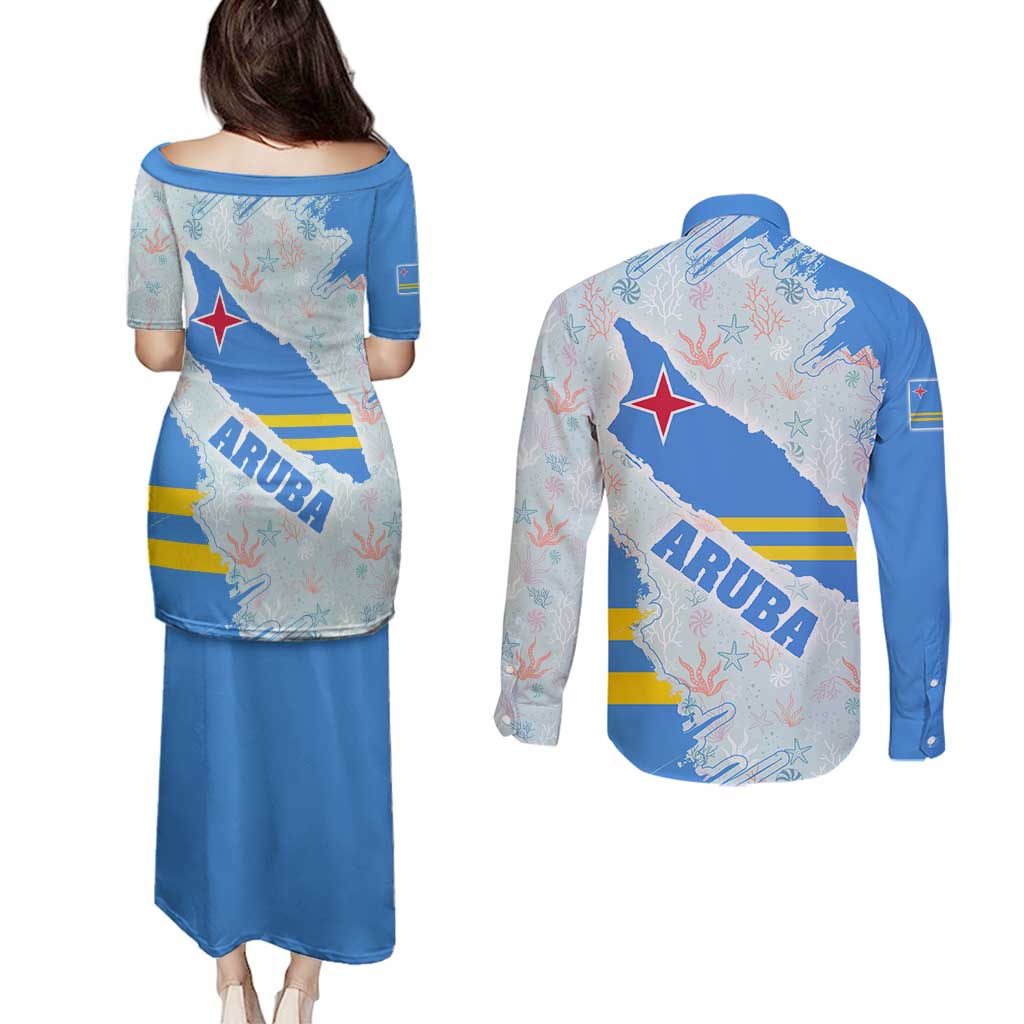 Aruba Couples Matching Puletasi and Long Sleeve Button Shirt with Marine Patterns – Ocean-Inspired Design