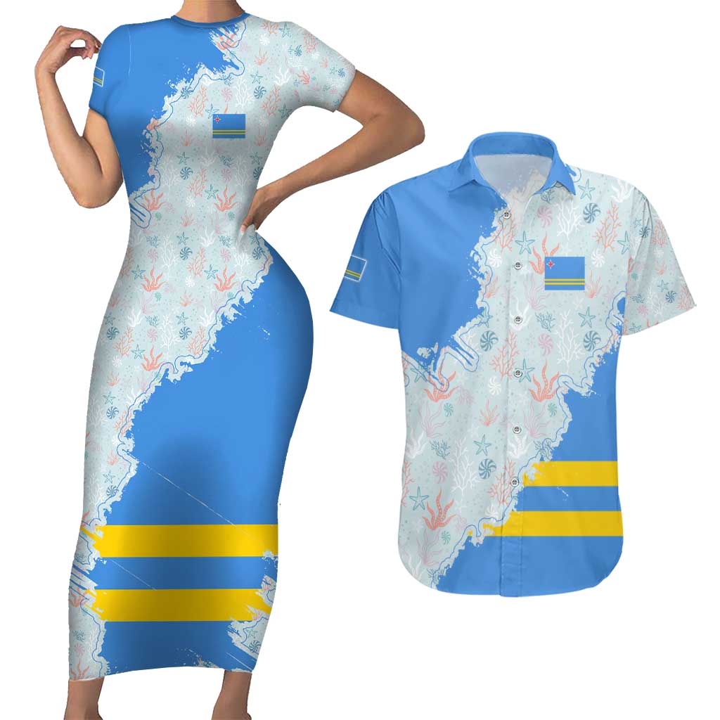 Aruba Couples Matching Short Sleeve Bodycon Dress and Hawaiian Shirt with Marine Patterns – Ocean-Inspired Design
