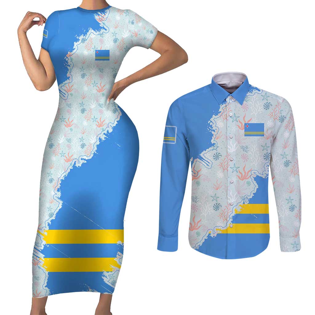 Aruba Couples Matching Short Sleeve Bodycon Dress and Long Sleeve Button Shirt with Marine Patterns – Ocean-Inspired Design