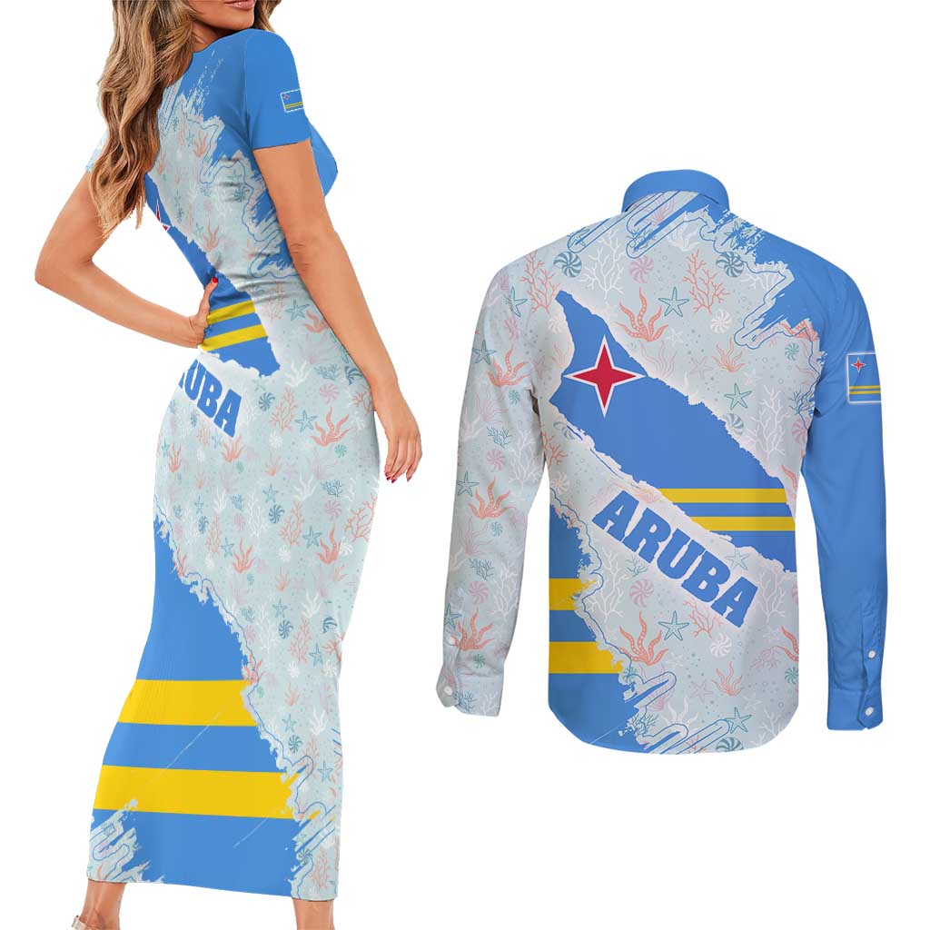 Aruba Couples Matching Short Sleeve Bodycon Dress and Long Sleeve Button Shirt with Marine Patterns – Ocean-Inspired Design