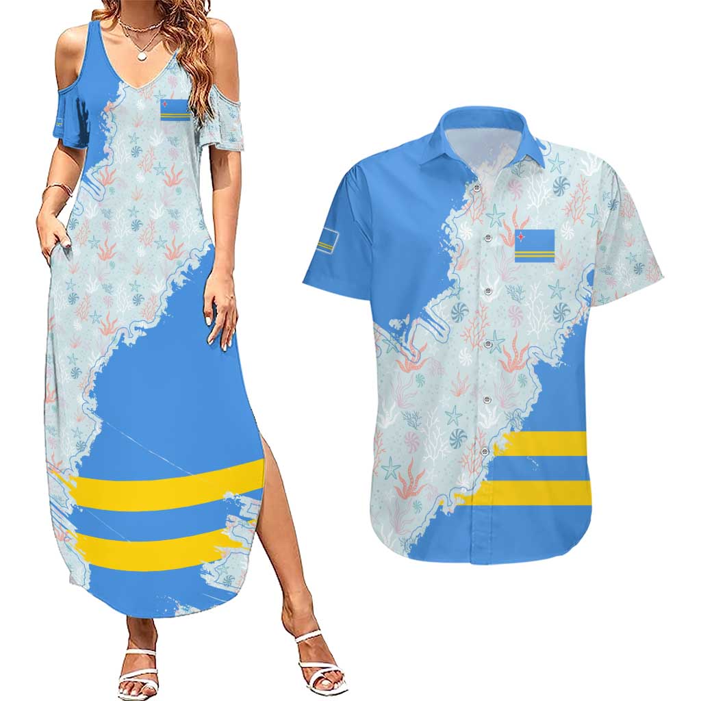 Aruba Couples Matching Summer Maxi Dress and Hawaiian Shirt with Marine Patterns – Ocean-Inspired Design