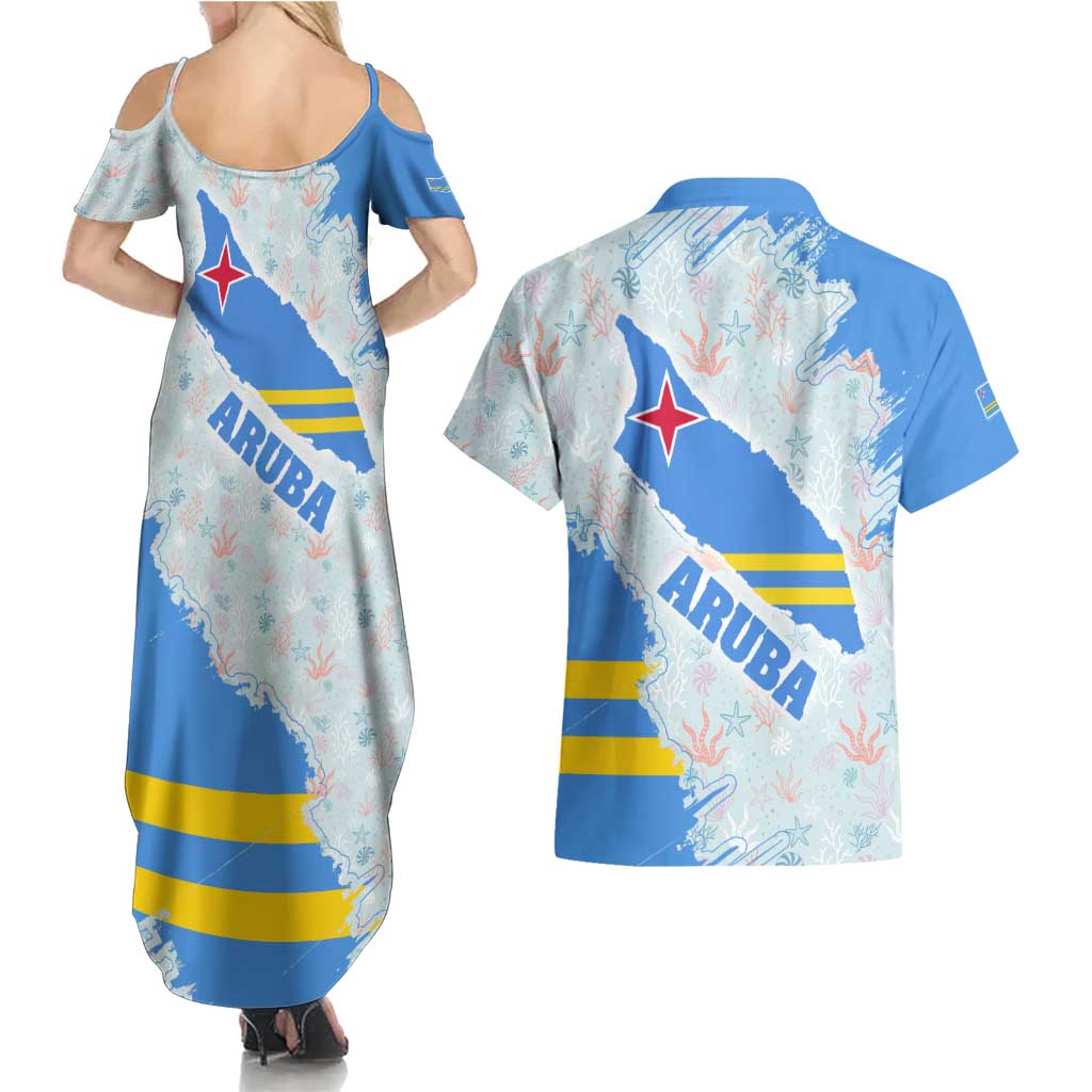 Aruba Couples Matching Summer Maxi Dress and Hawaiian Shirt with Marine Patterns – Ocean-Inspired Design