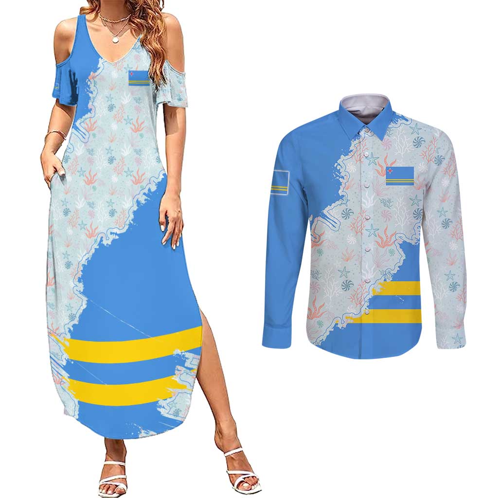 Aruba Couples Matching Summer Maxi Dress and Long Sleeve Button Shirt with Marine Patterns – Ocean-Inspired Design