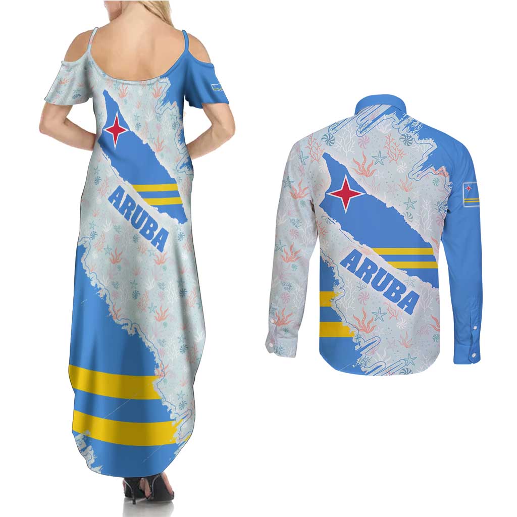Aruba Couples Matching Summer Maxi Dress and Long Sleeve Button Shirt with Marine Patterns – Ocean-Inspired Design