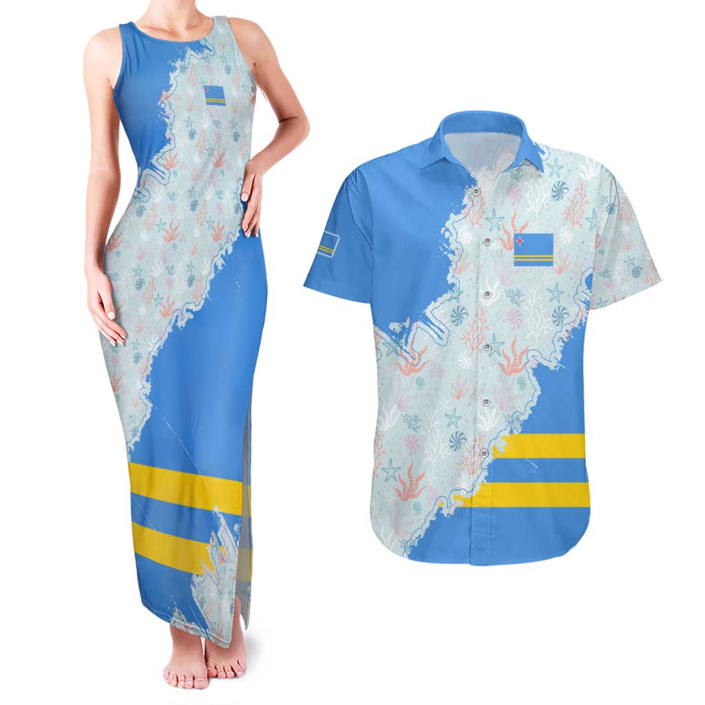 Aruba Couples Matching Tank Maxi Dress and Hawaiian Shirt with Marine Patterns – Ocean-Inspired Design