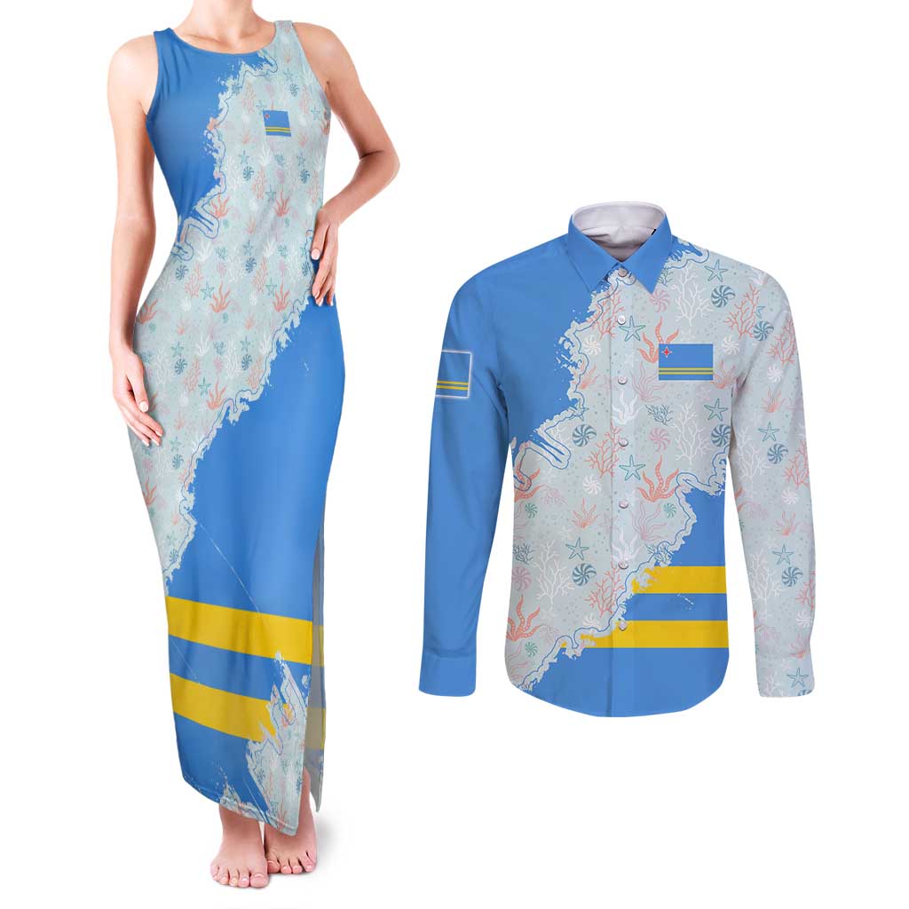 Aruba Couples Matching Tank Maxi Dress and Long Sleeve Button Shirt with Marine Patterns – Ocean-Inspired Design