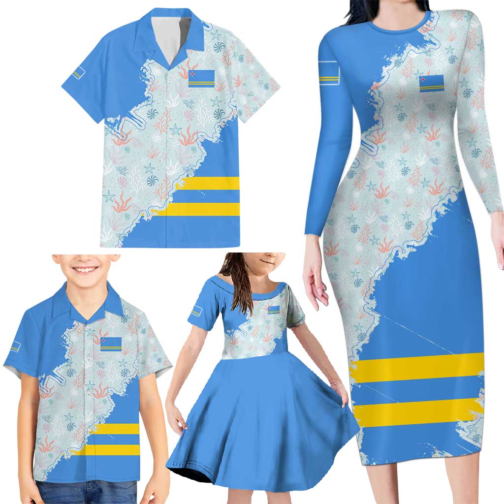 Aruba Family Matching Long Sleeve Bodycon Dress and Hawaiian Shirt with Marine Patterns – Ocean-Inspired Design