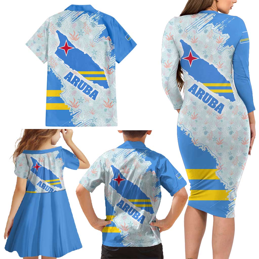 Aruba Family Matching Long Sleeve Bodycon Dress and Hawaiian Shirt with Marine Patterns – Ocean-Inspired Design
