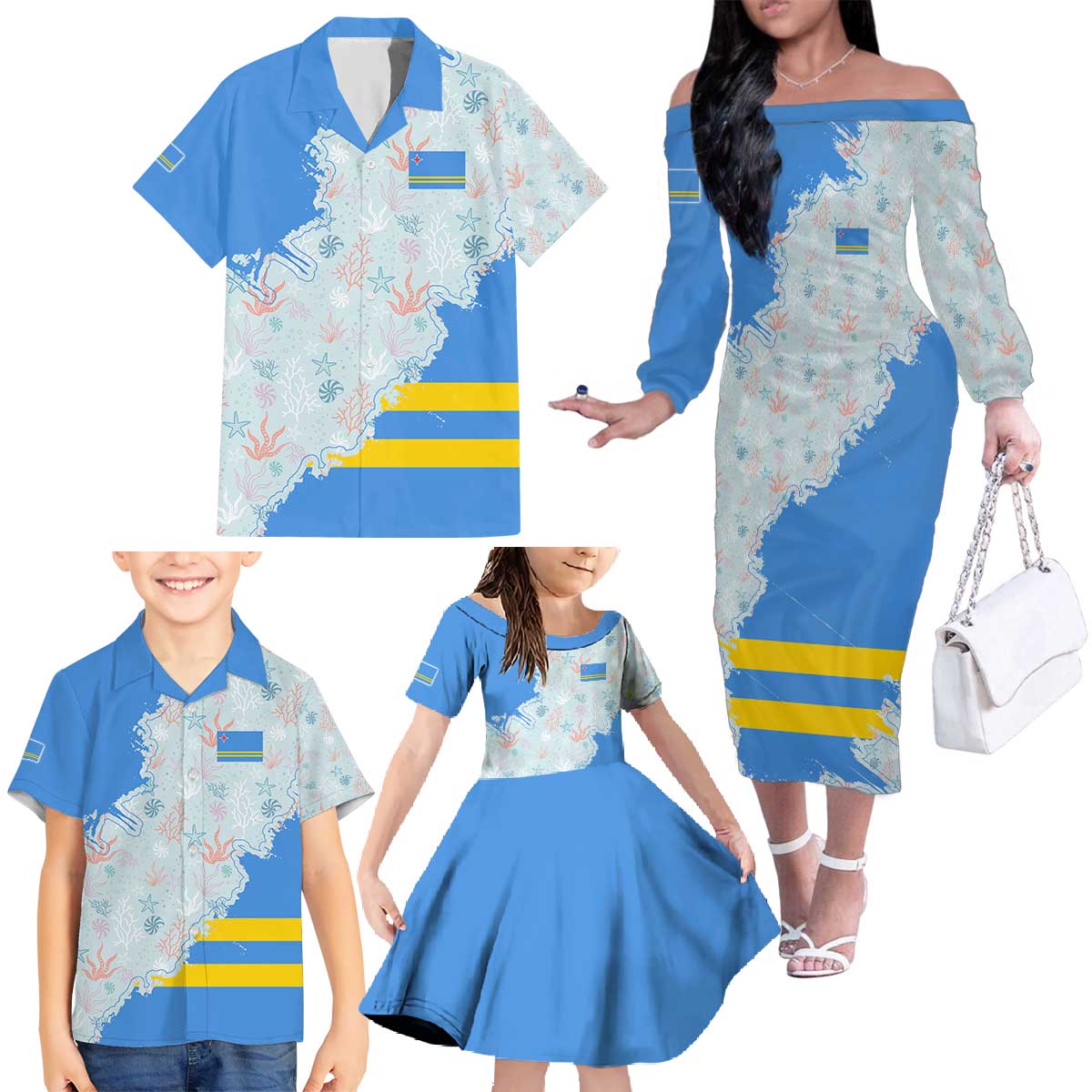 Aruba Family Matching Off The Shoulder Long Sleeve Dress and Hawaiian Shirt with Marine Patterns – Ocean-Inspired Design