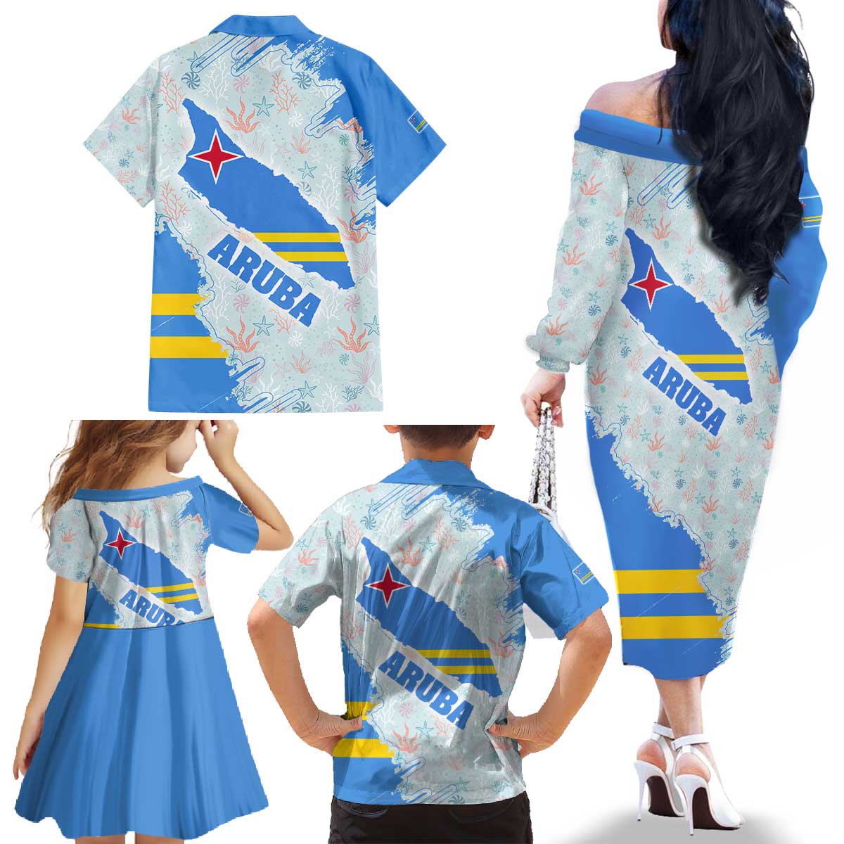 Aruba Family Matching Off The Shoulder Long Sleeve Dress and Hawaiian Shirt with Marine Patterns – Ocean-Inspired Design