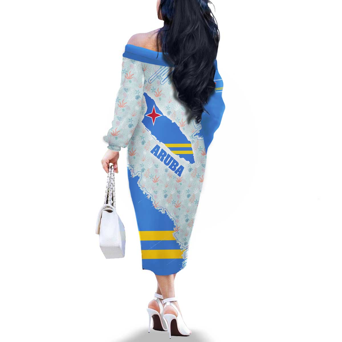 Aruba Family Matching Off The Shoulder Long Sleeve Dress and Hawaiian Shirt with Marine Patterns – Ocean-Inspired Design