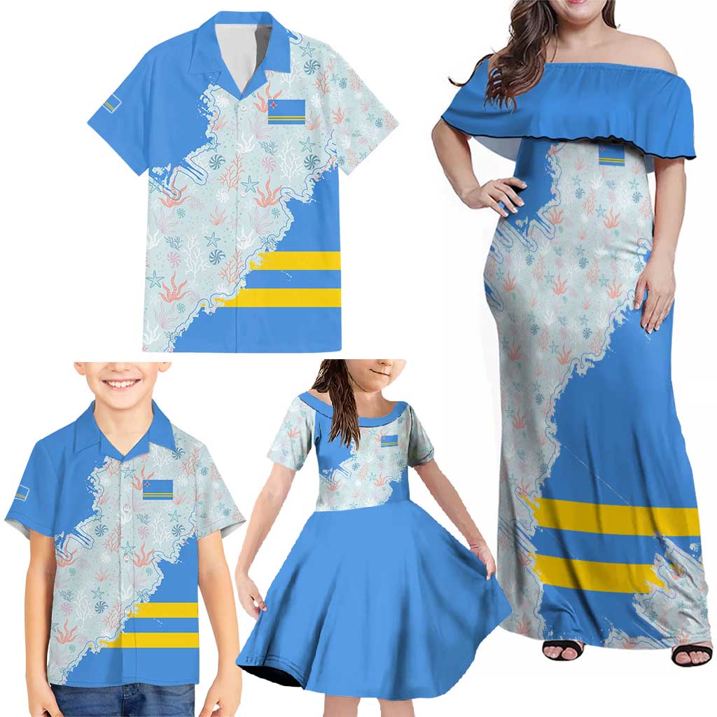 Aruba Family Matching Off Shoulder Maxi Dress and Hawaiian Shirt with Marine Patterns – Ocean-Inspired Design