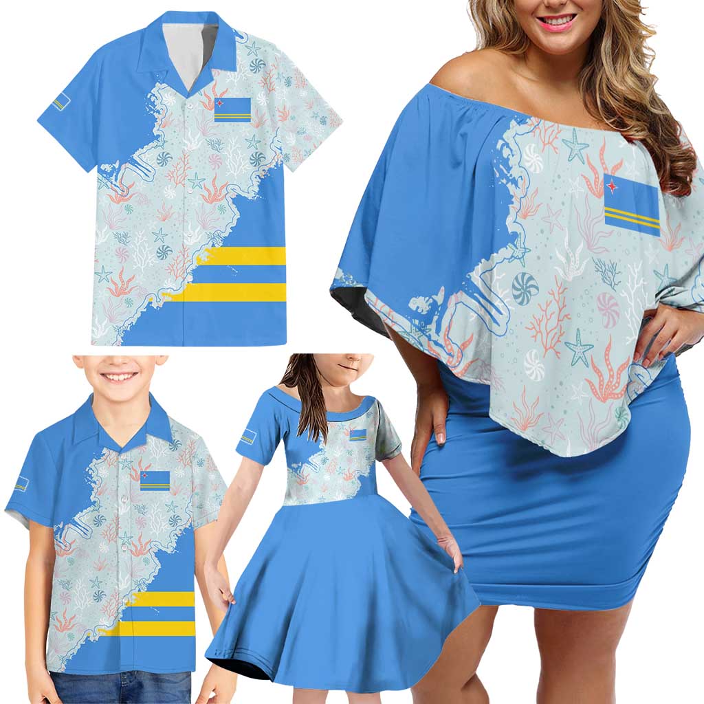 Aruba Family Matching Off Shoulder Short Dress and Hawaiian Shirt with Marine Patterns – Ocean-Inspired Design