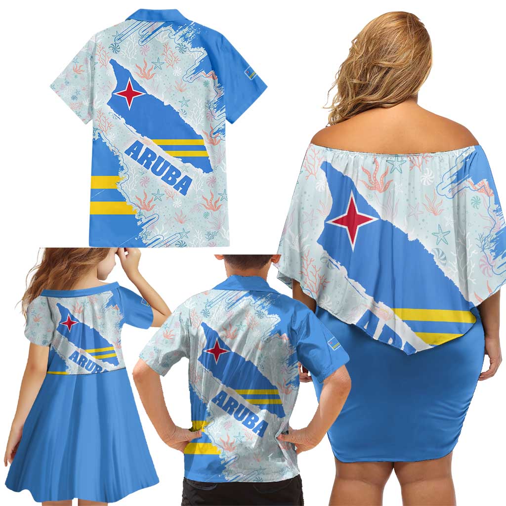 Aruba Family Matching Off Shoulder Short Dress and Hawaiian Shirt with Marine Patterns – Ocean-Inspired Design