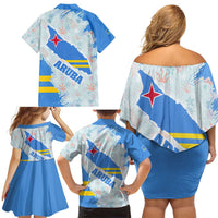 Aruba Family Matching Off Shoulder Short Dress and Hawaiian Shirt with Marine Patterns – Ocean-Inspired Design
