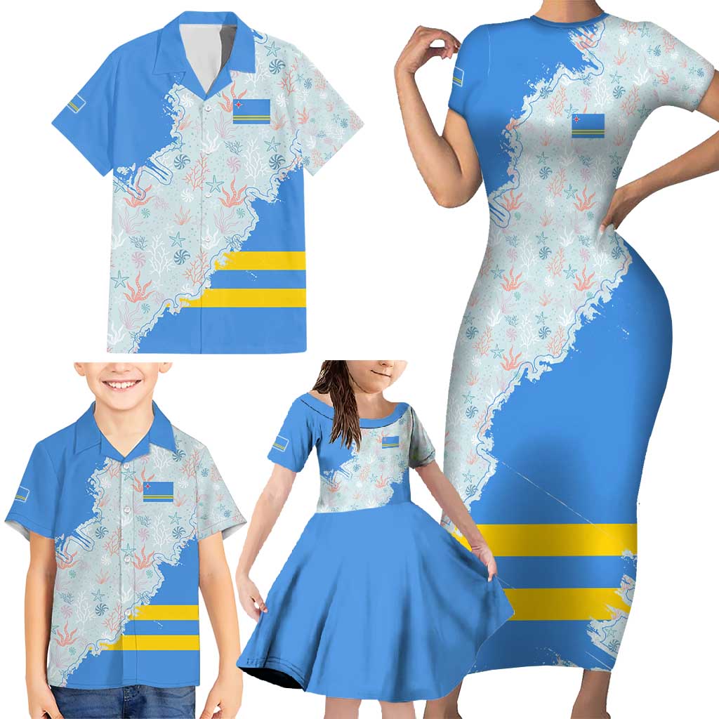 Aruba Family Matching Short Sleeve Bodycon Dress and Hawaiian Shirt with Marine Patterns – Ocean-Inspired Design